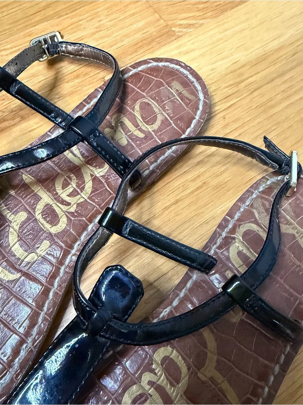Sam Edelman Black Patent Brown Croc Gigi Flat Sandals Size 5.5